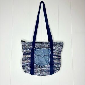 Handmade Denim Blue Jean Shoulder Woven Bag Purse, Boho Hippie It’s a Linda